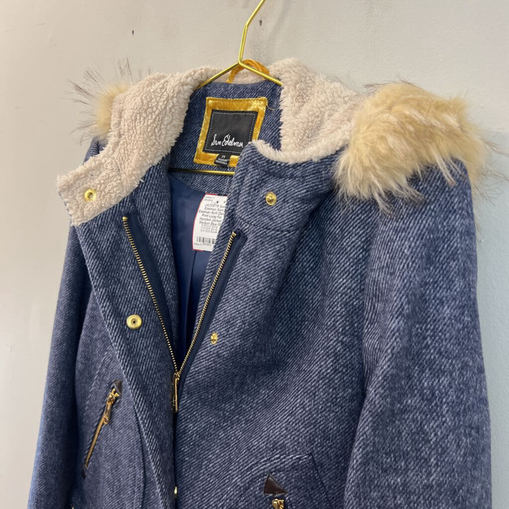 Sam Edelman Soft Denim Print Long Fur Hooded Jacket Medium