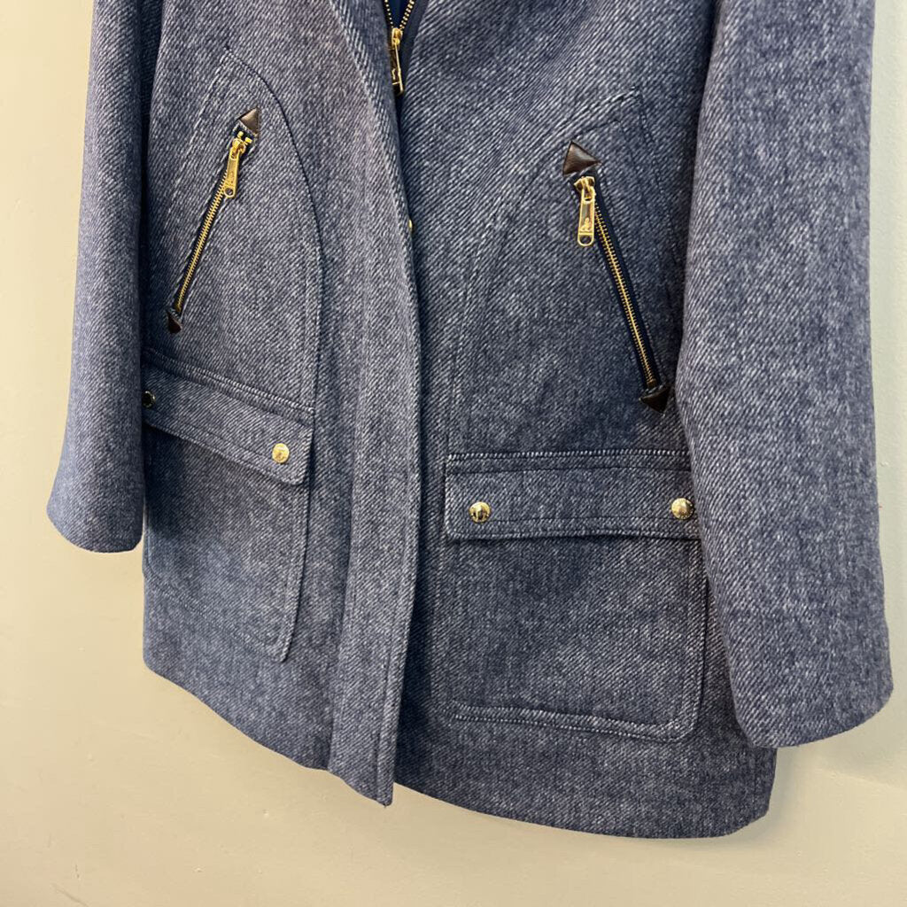 Sam Edelman Soft Denim Print Long Fur Hooded Jacket Medium