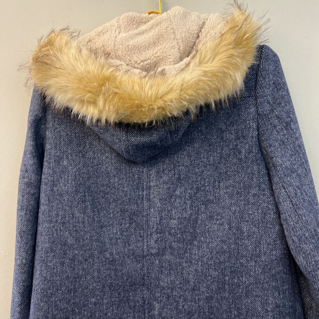 Sam Edelman Soft Denim Print Long Fur Hooded Jacket Medium