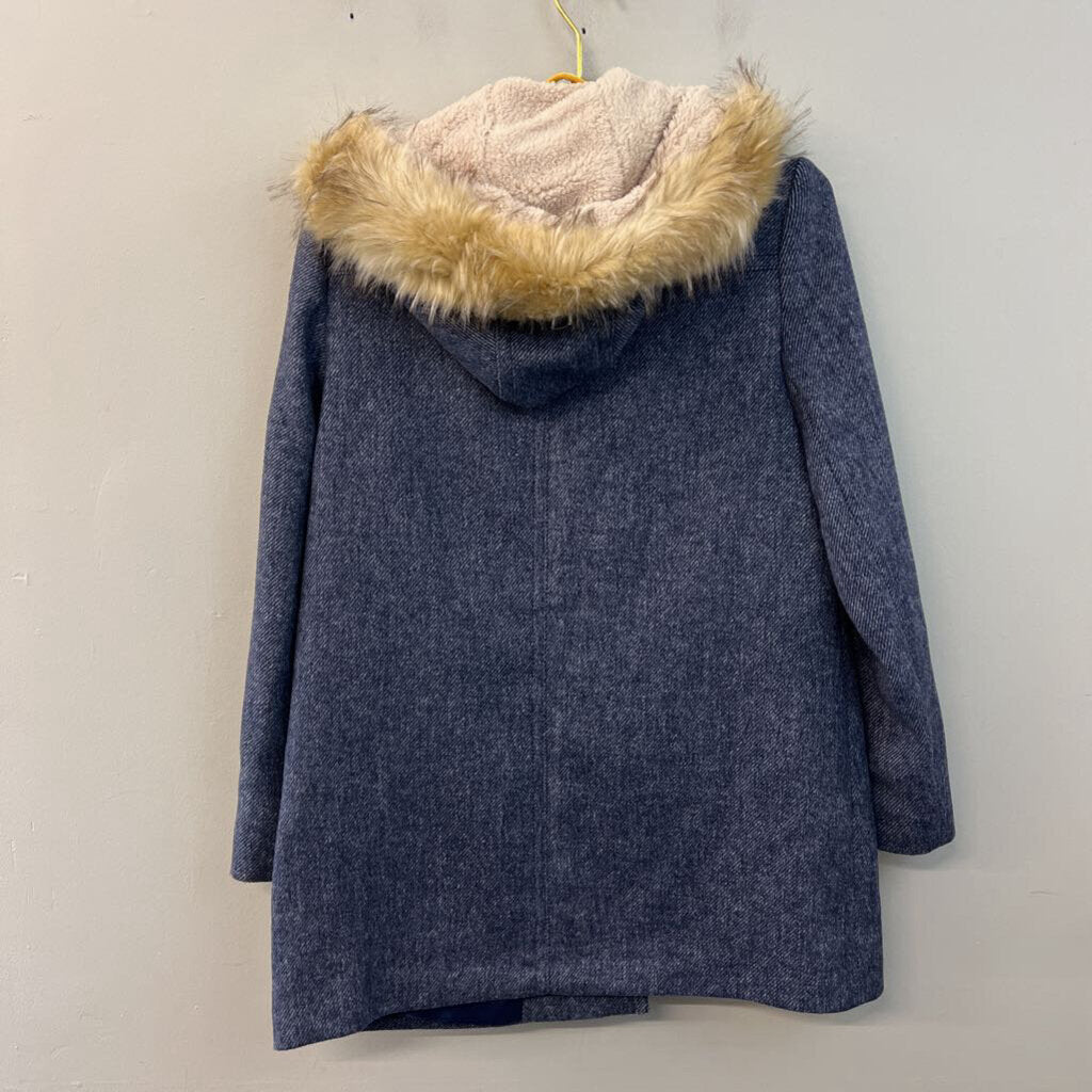 Sam Edelman Soft Denim Print Long Fur Hooded Jacket Medium