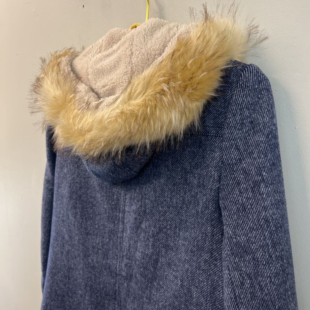 Sam Edelman Soft Denim Print Long Fur Hooded Jacket Medium