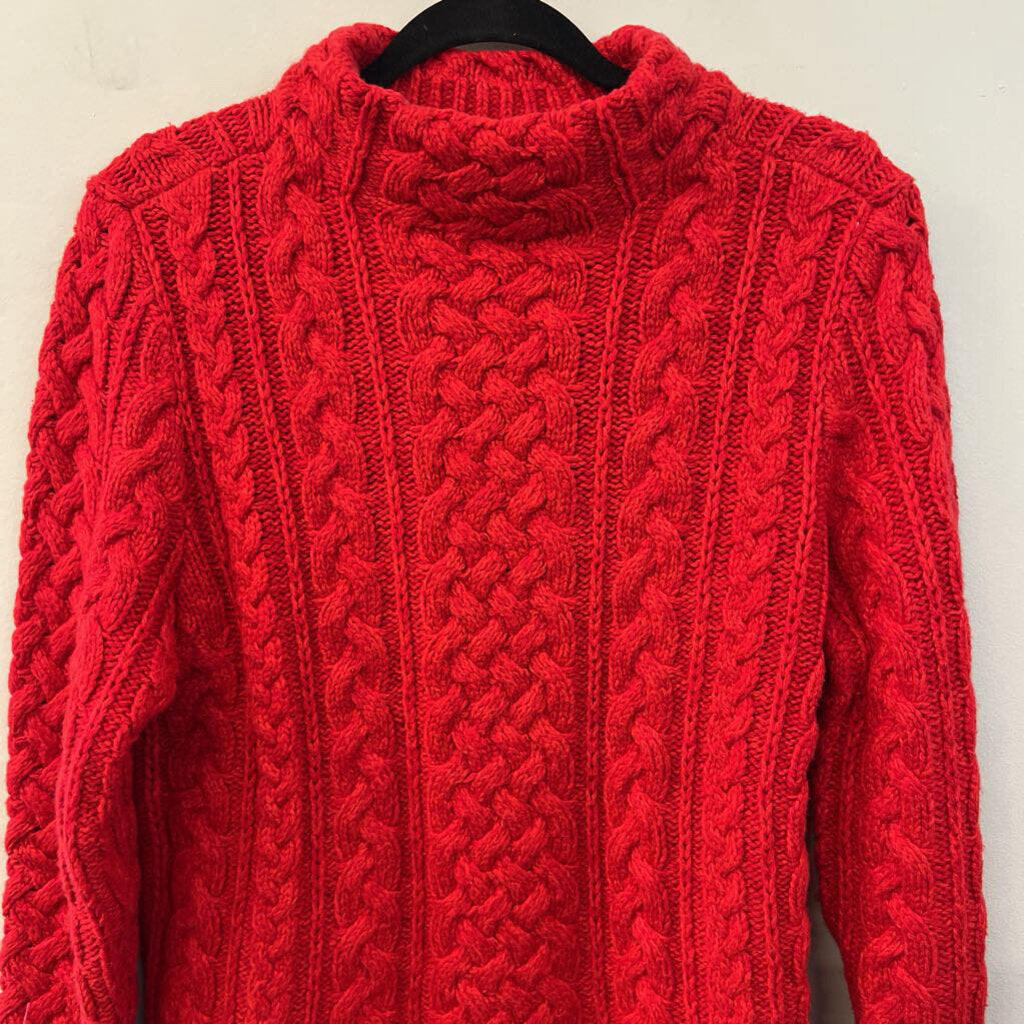 Lands End Red Cable Knit Mock Neck Sweater Medium