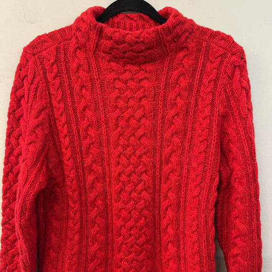 Lands End Red Cable Knit Mock Neck Sweater Medium