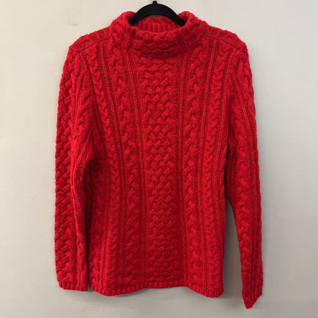 Lands End Red Cable Knit Mock Neck Sweater Medium