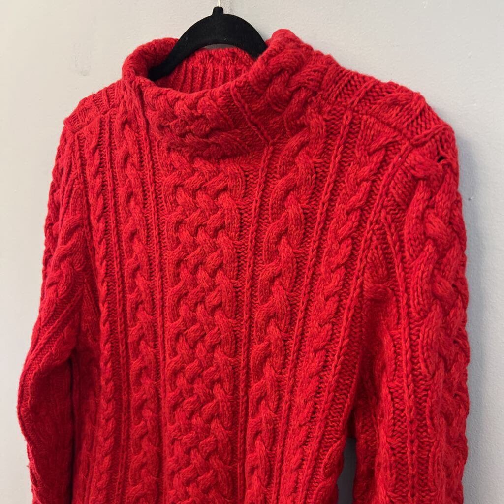 Lands End Red Cable Knit Mock Neck Sweater Medium