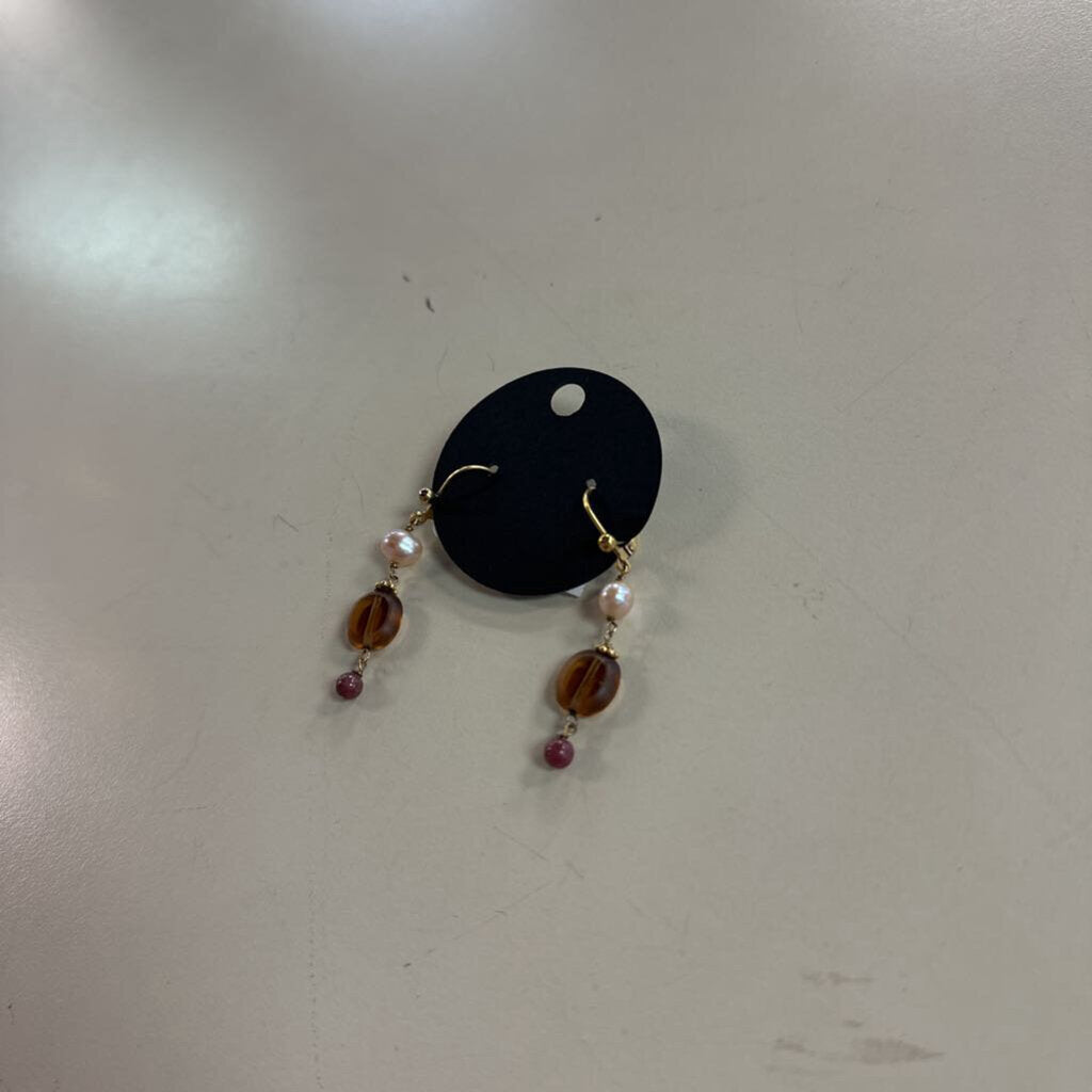 Gold/ Brown Bead Drop Earrings
