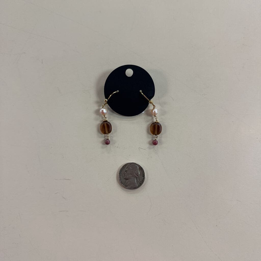 Gold/ Brown Bead Drop Earrings