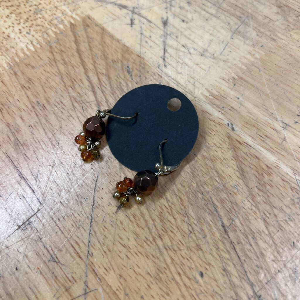 Gold/ Brown Beaded Cluster Drop Earrings