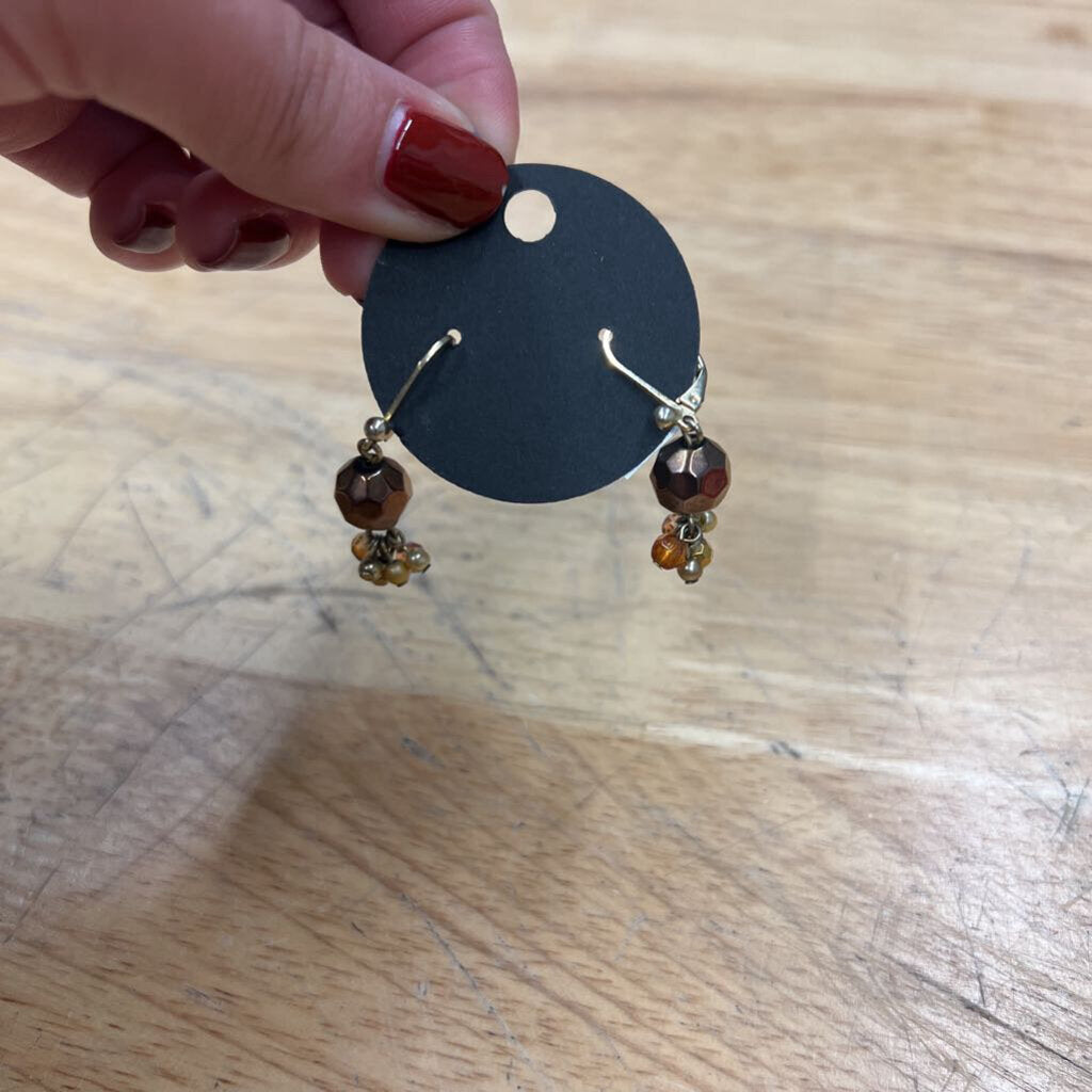 Gold/ Brown Beaded Cluster Drop Earrings