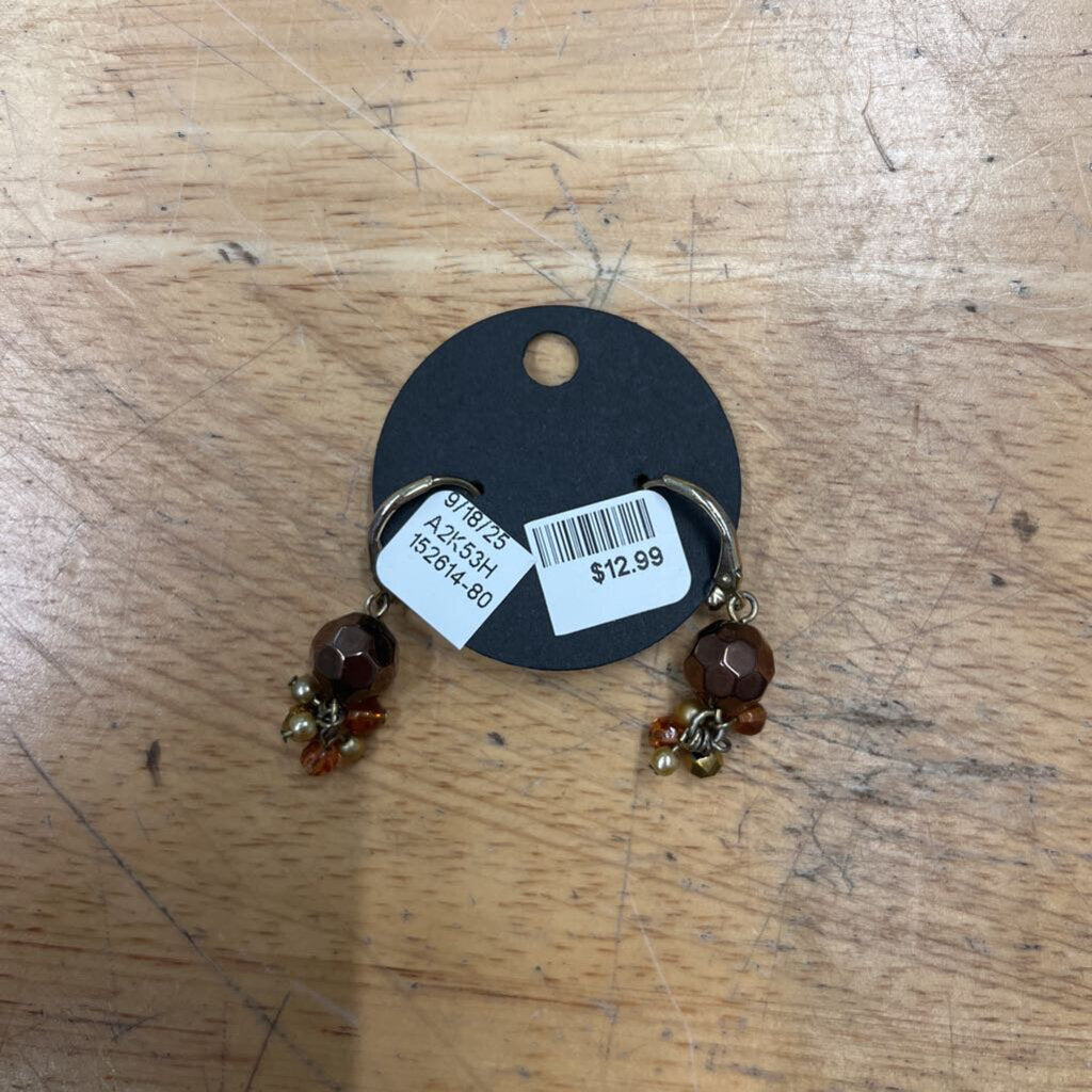 Gold/ Brown Beaded Cluster Drop Earrings