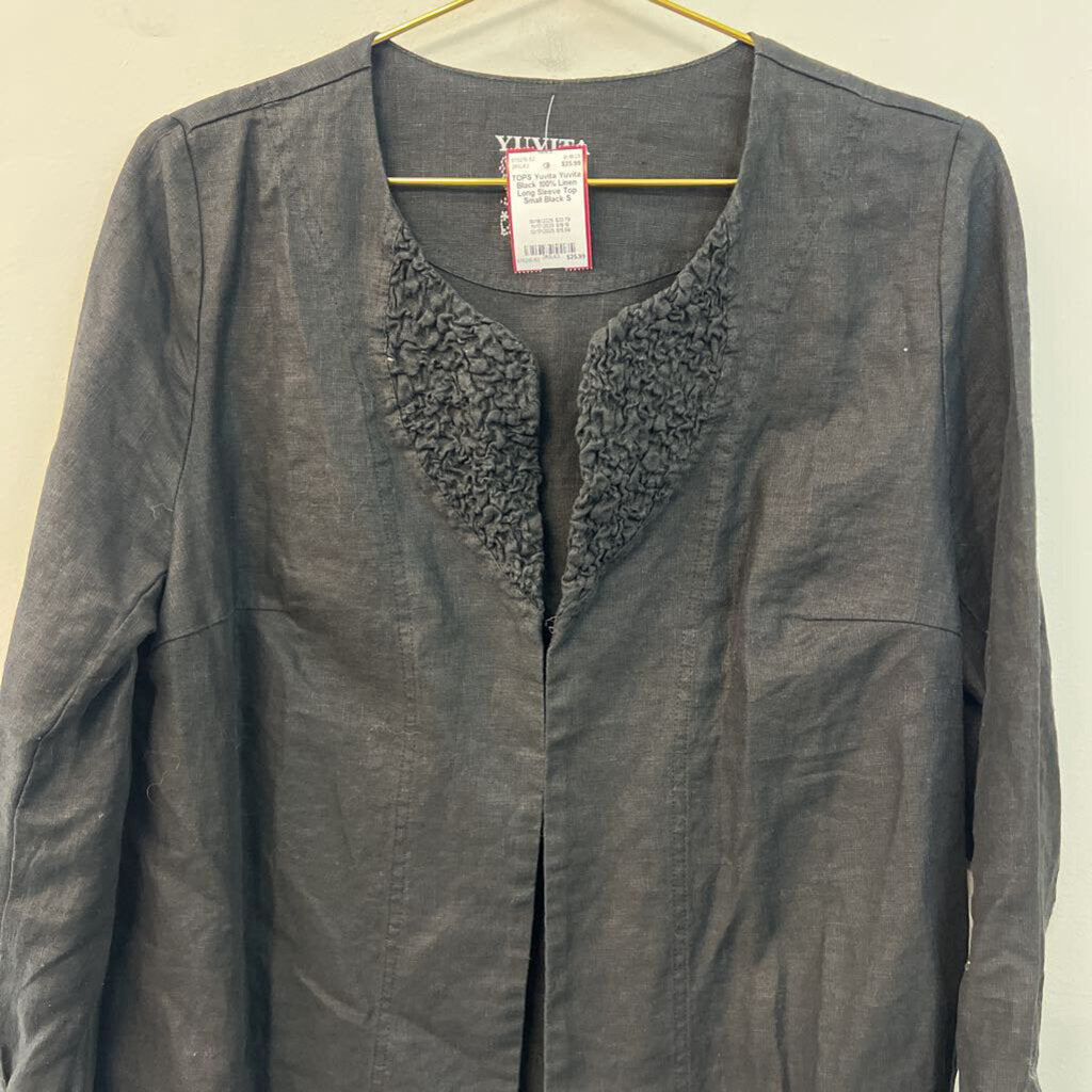 Yuvita Black 100% Linen Long Sleeve Top Small