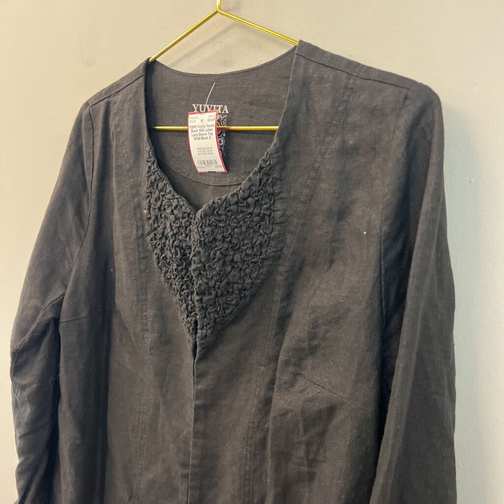 Yuvita Black 100% Linen Long Sleeve Top Small
