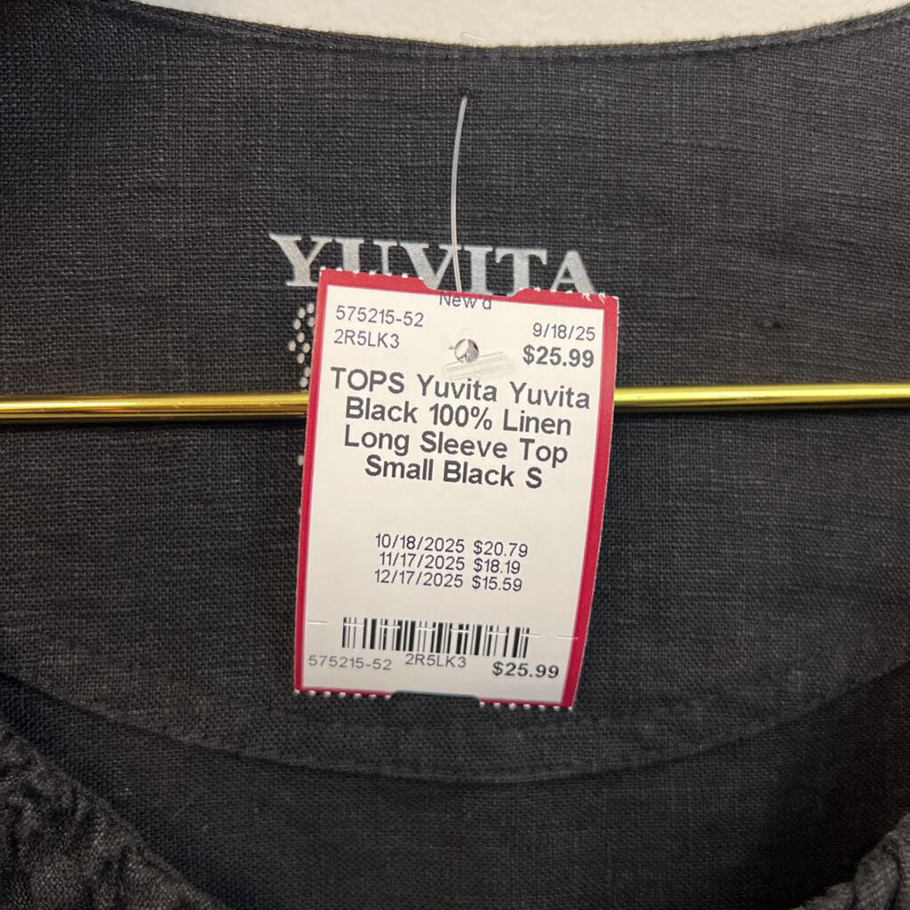 Yuvita Black 100% Linen Long Sleeve Top Small
