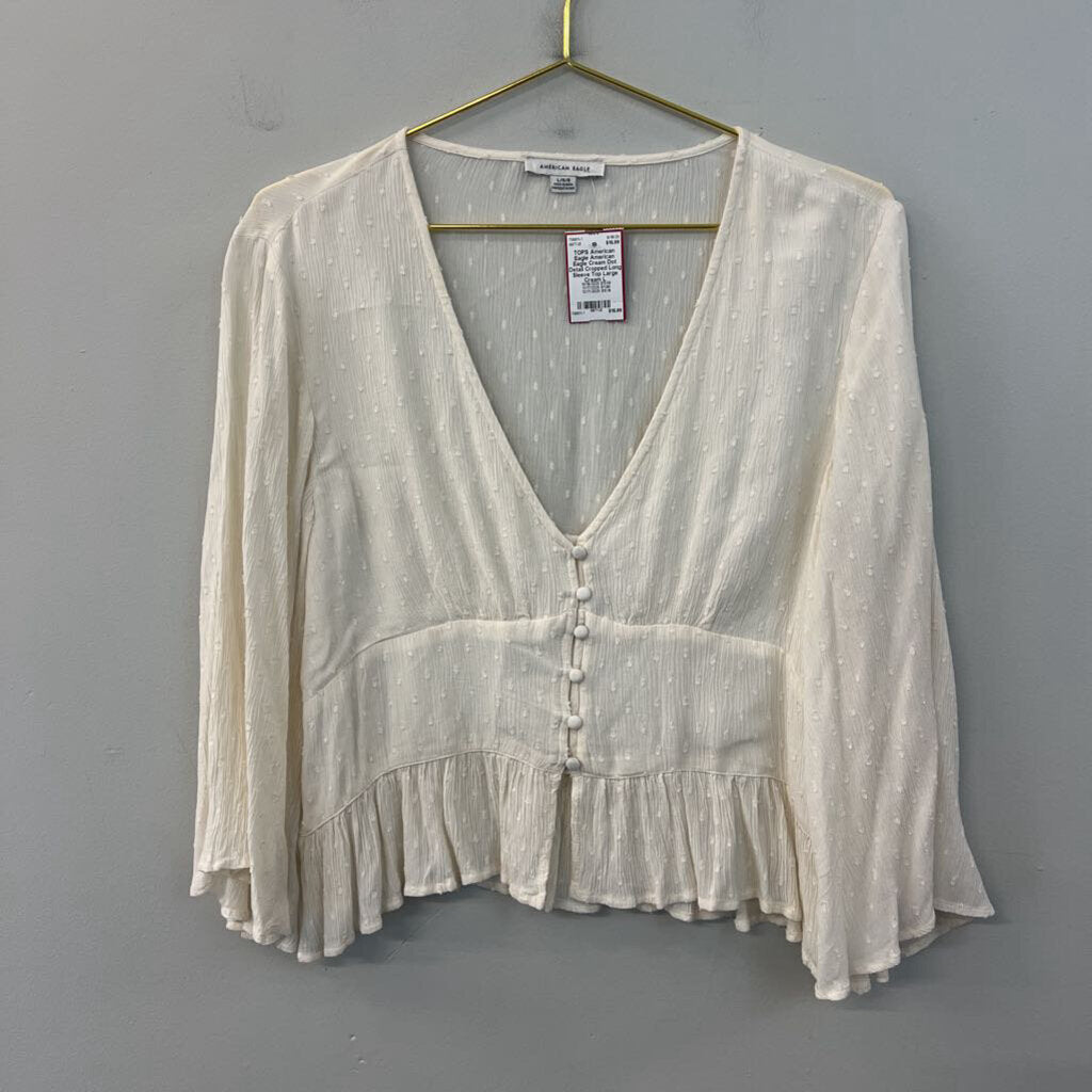 American Eagle Cream Dot Detail Cropped Long Sleeve Top Large