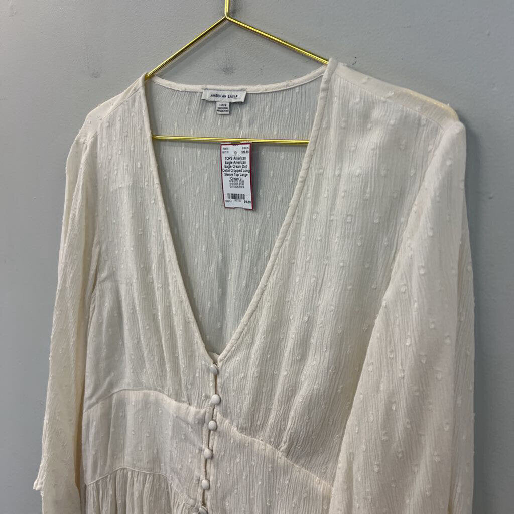 American Eagle Cream Dot Detail Cropped Long Sleeve Top Large