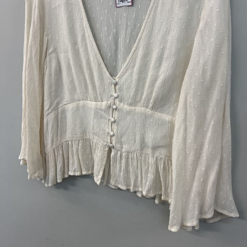 American Eagle Cream Dot Detail Cropped Long Sleeve Top Large