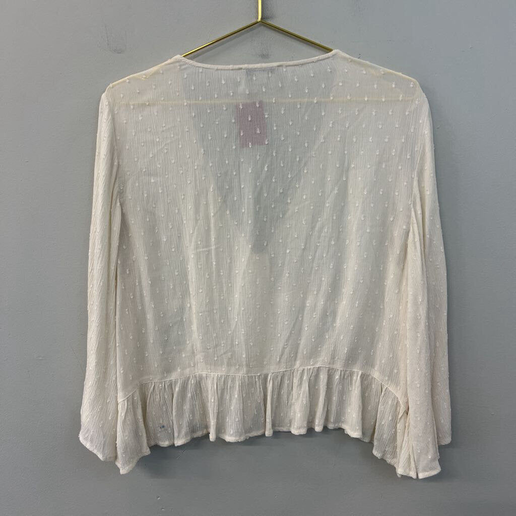 American Eagle Cream Dot Detail Cropped Long Sleeve Top Large