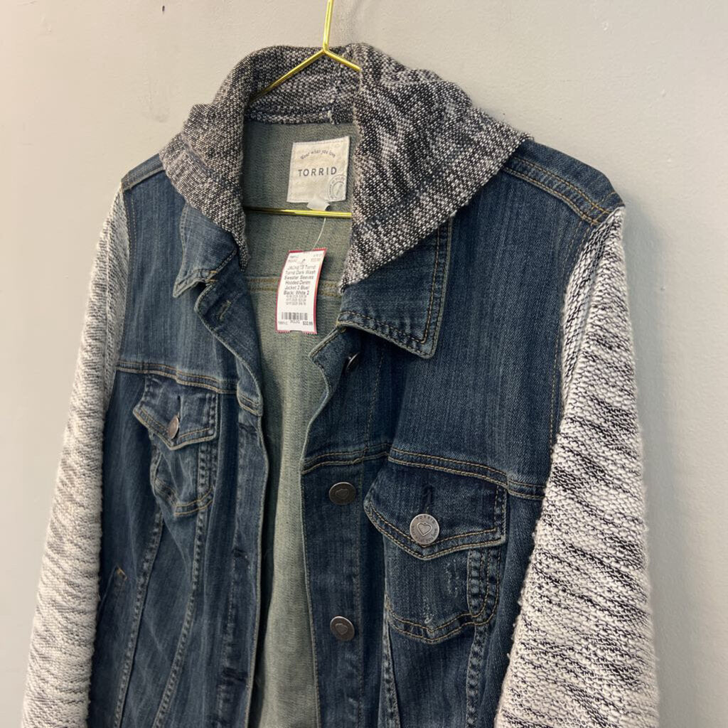 Torrid Dark Wash Sweater Sleeves Hooded Denim Jacket 2