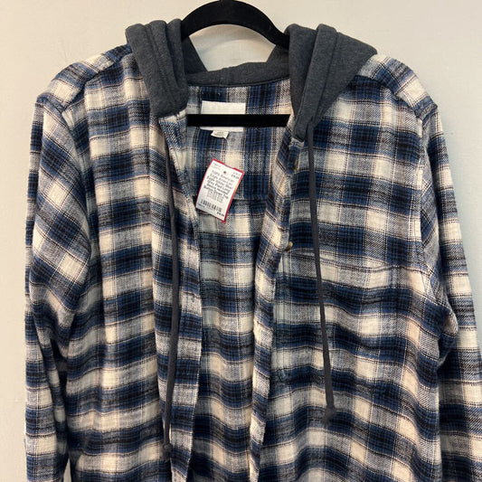 American Eagle White/ Blue/ Grey Plaid Long Sleeve Hooded Button Down Top Large