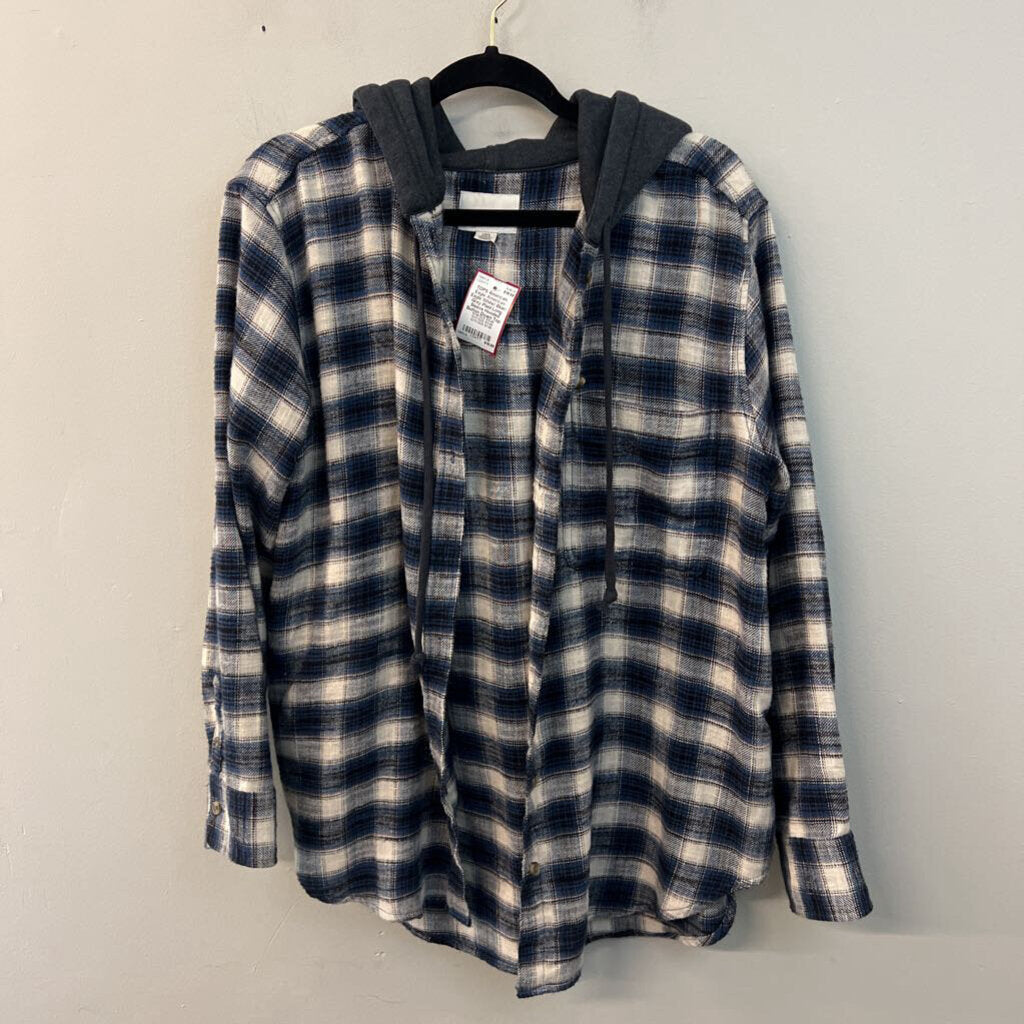 American Eagle White/ Blue/ Grey Plaid Long Sleeve Hooded Button Down Top Large