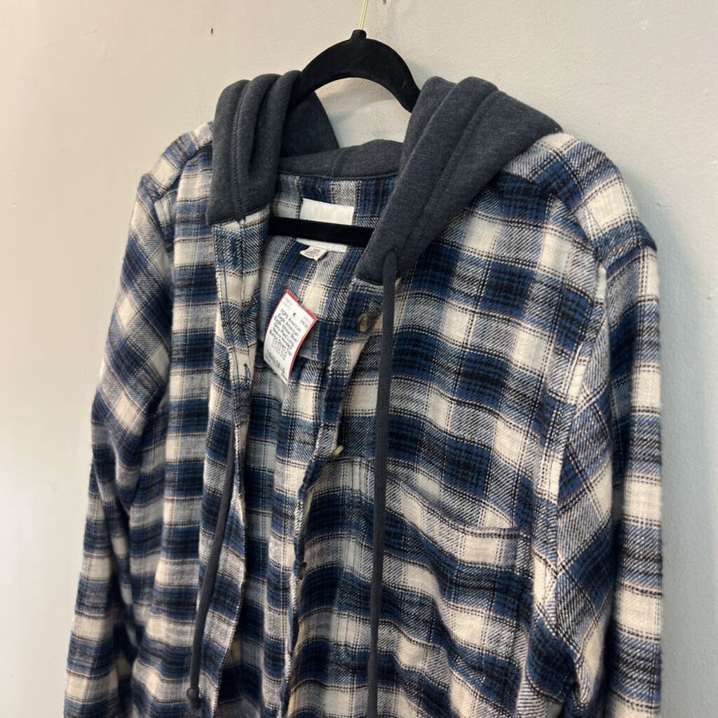 American Eagle White/ Blue/ Grey Plaid Long Sleeve Hooded Button Down Top Large