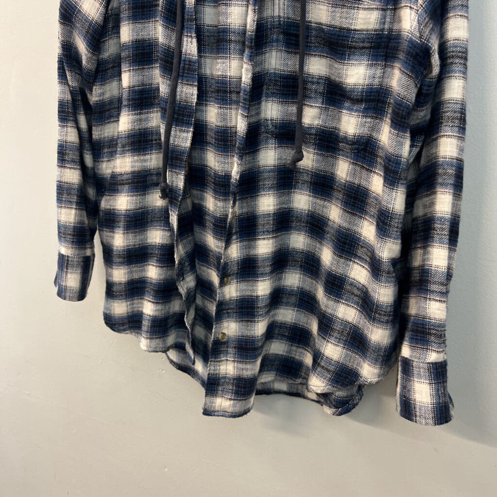 American Eagle White/ Blue/ Grey Plaid Long Sleeve Hooded Button Down Top Large