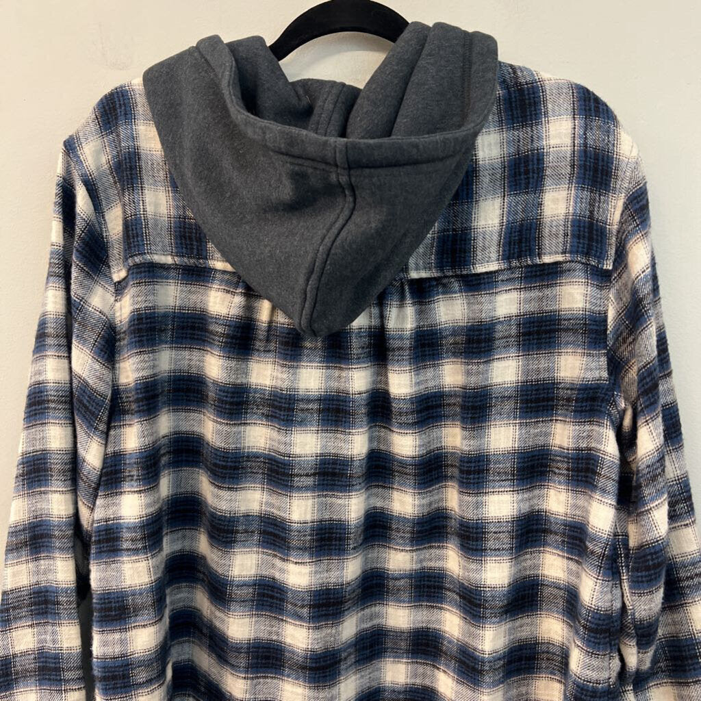 American Eagle White/ Blue/ Grey Plaid Long Sleeve Hooded Button Down Top Large