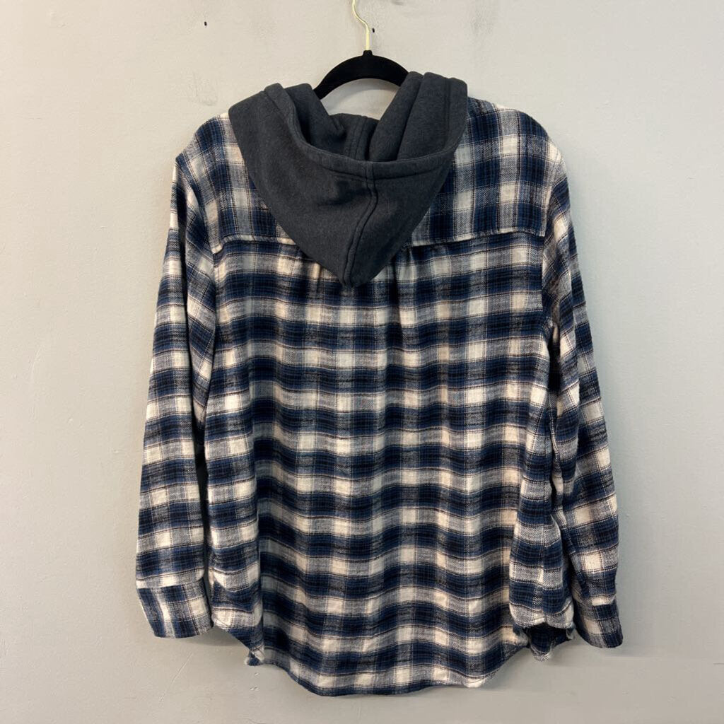 American Eagle White/ Blue/ Grey Plaid Long Sleeve Hooded Button Down Top Large
