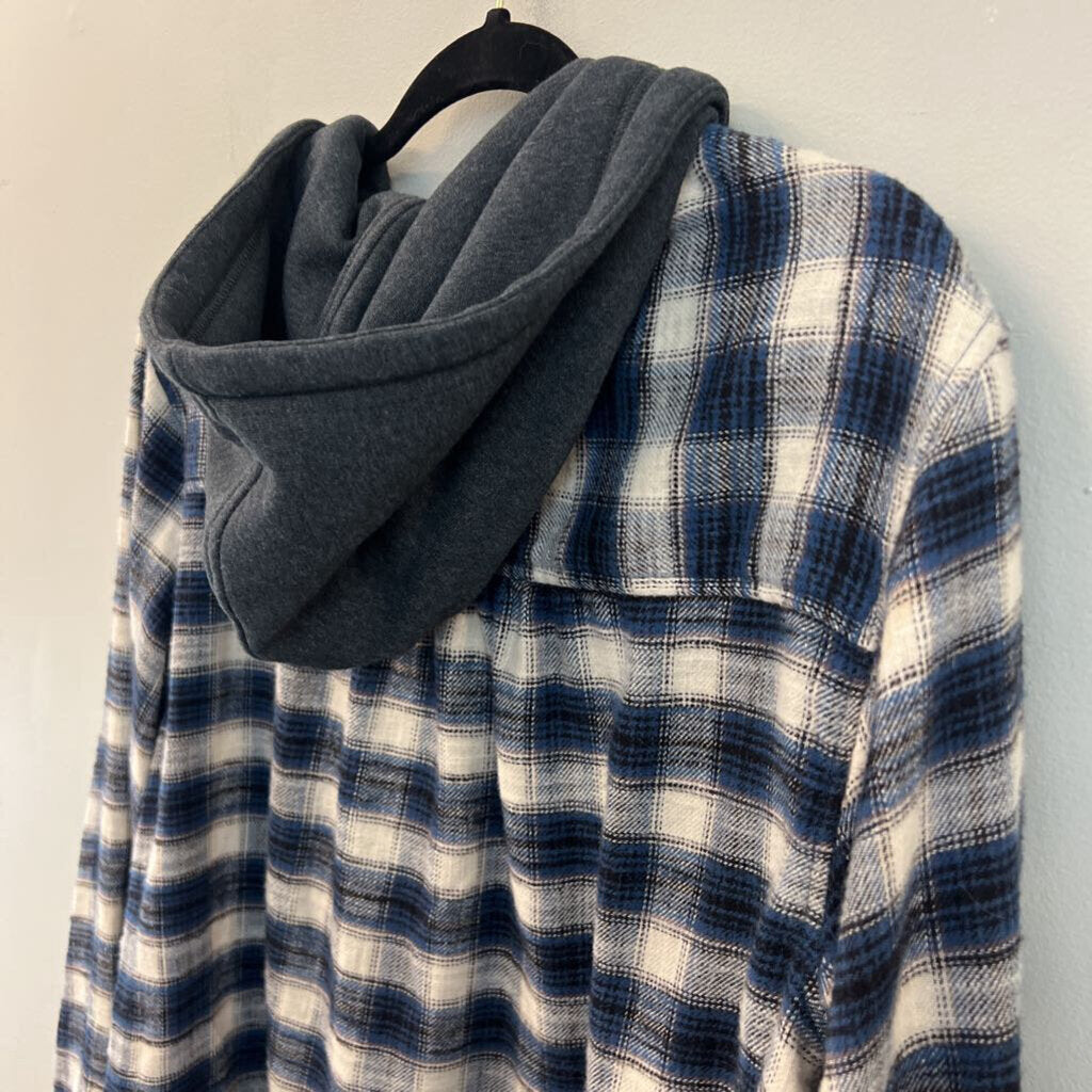 American Eagle White/ Blue/ Grey Plaid Long Sleeve Hooded Button Down Top Large