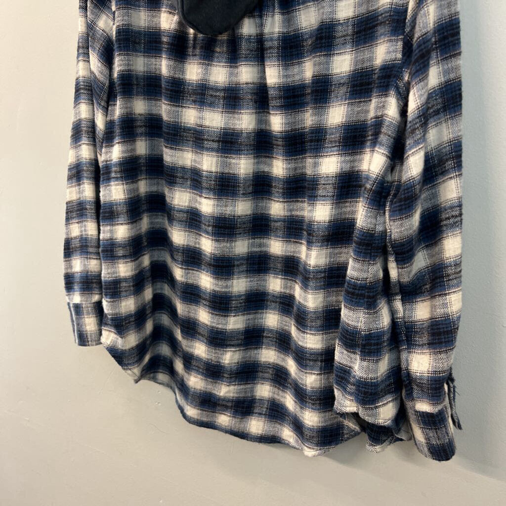 American Eagle White/ Blue/ Grey Plaid Long Sleeve Hooded Button Down Top Large