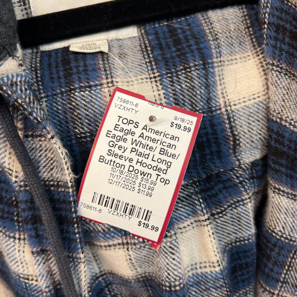 American Eagle White/ Blue/ Grey Plaid Long Sleeve Hooded Button Down Top Large