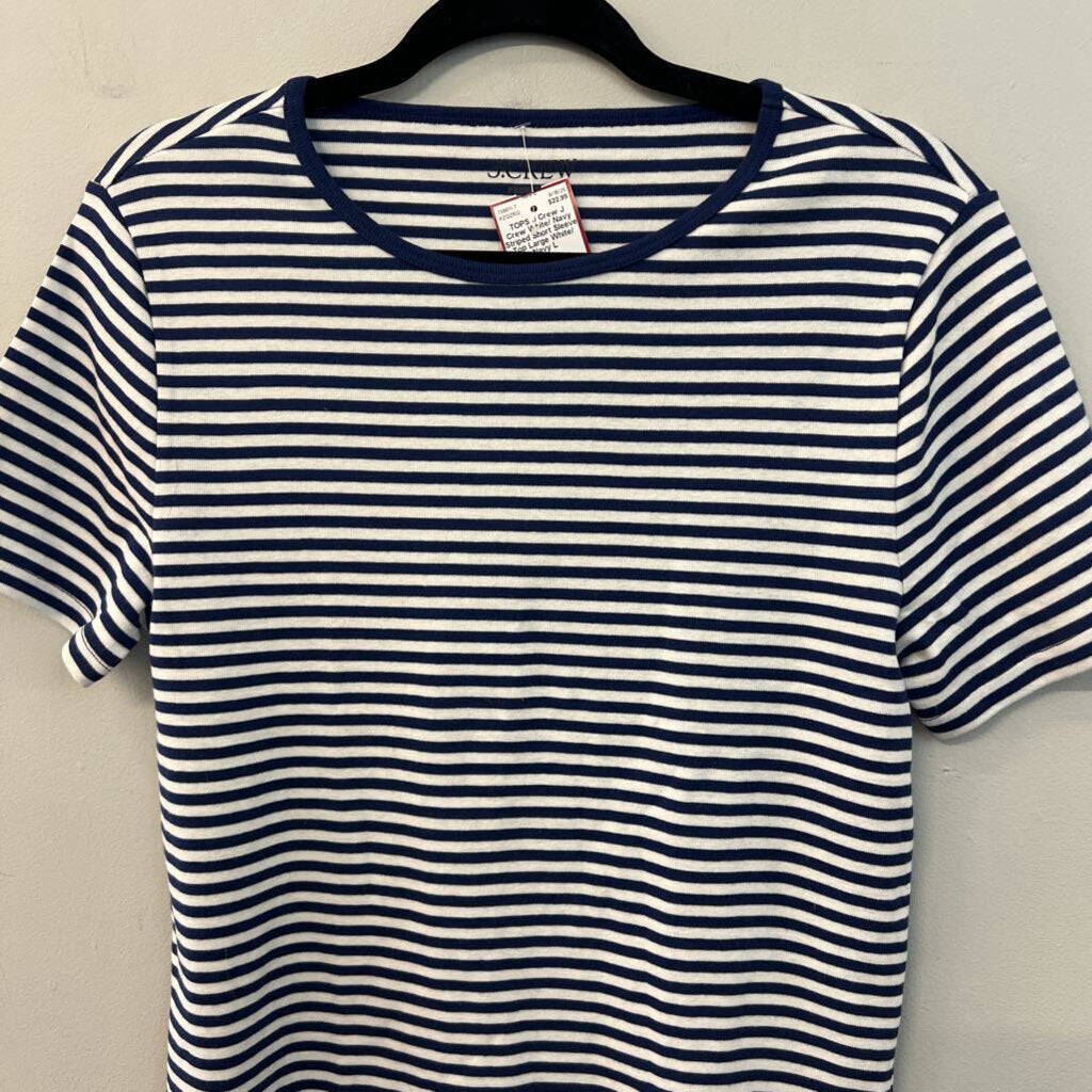 J Crew White/ Navy Striped Short Sleeve Top Large