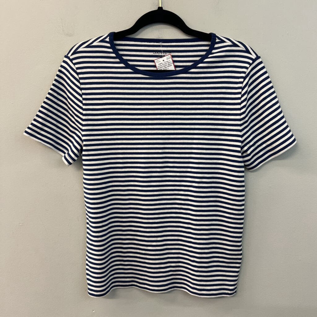 J Crew White/ Navy Striped Short Sleeve Top Large