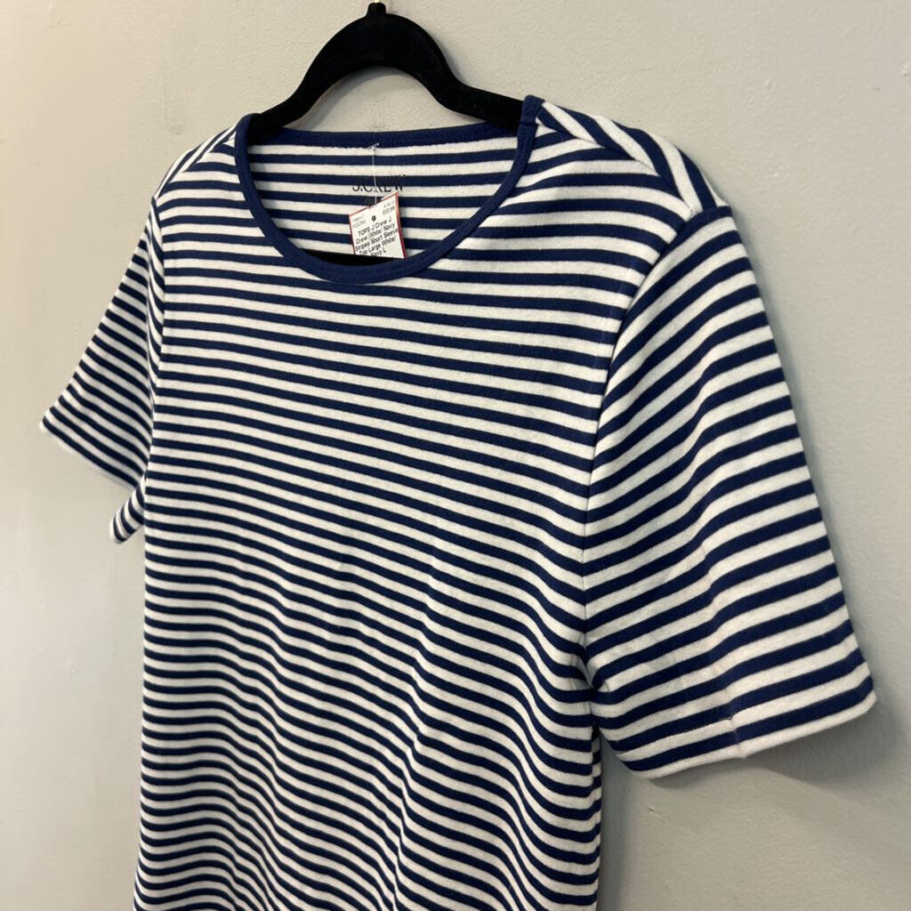 J Crew White/ Navy Striped Short Sleeve Top Large