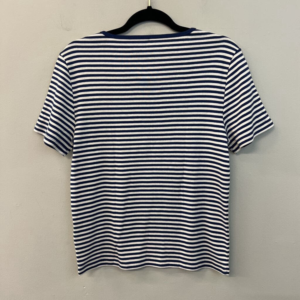 J Crew White/ Navy Striped Short Sleeve Top Large