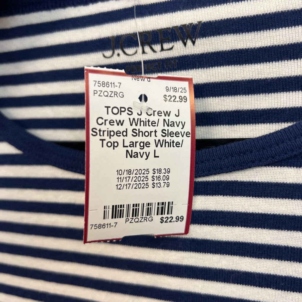 J Crew White/ Navy Striped Short Sleeve Top Large