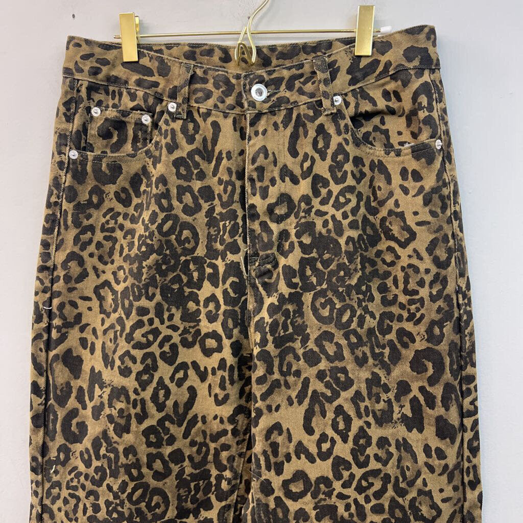 Brown/ Black Leopard Print Wide Leg Denim Pants Extra Large