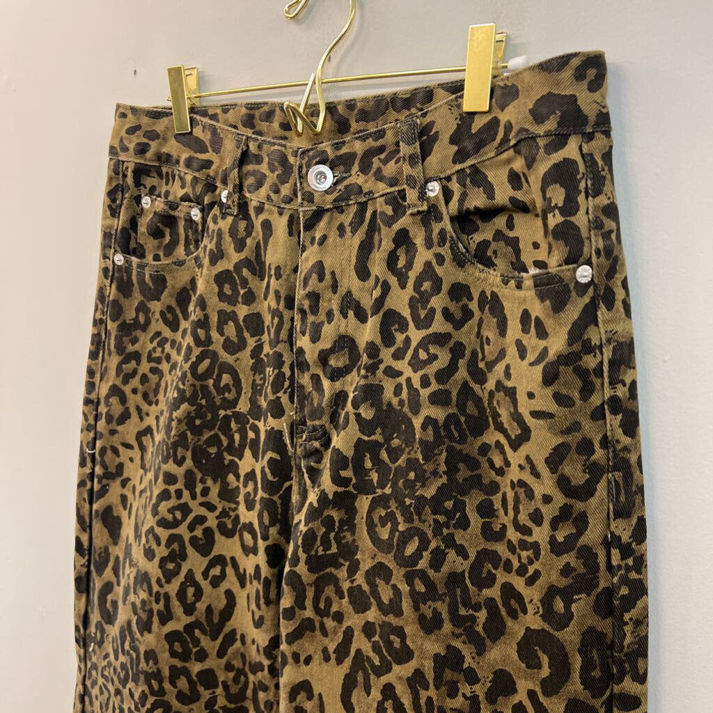 Brown/ Black Leopard Print Wide Leg Denim Pants Extra Large