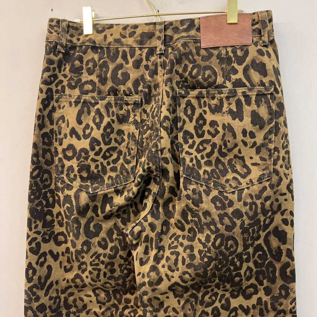Brown/ Black Leopard Print Wide Leg Denim Pants Extra Large