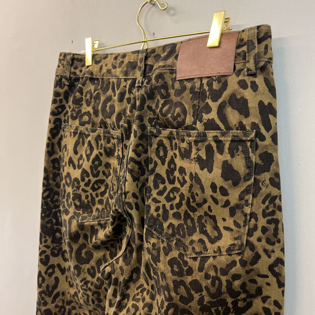 Brown/ Black Leopard Print Wide Leg Denim Pants Extra Large