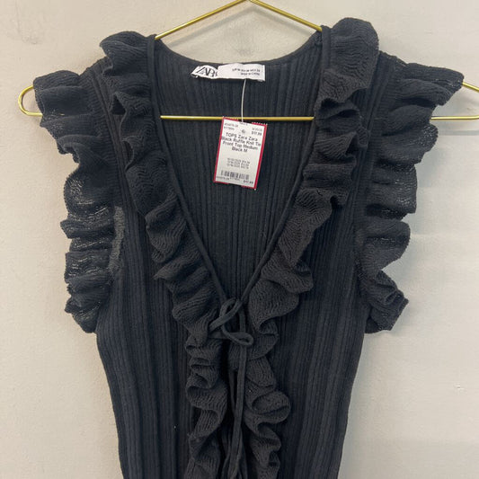 Zara Black Ruffle Knit Tie Front Top Medium