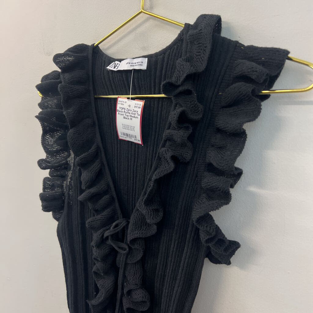 Zara Black Ruffle Knit Tie Front Top Medium