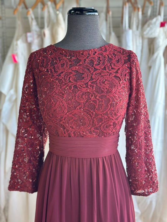 Azazie Burgundy Lace Long Sleeve Top Long Formal Dress 14