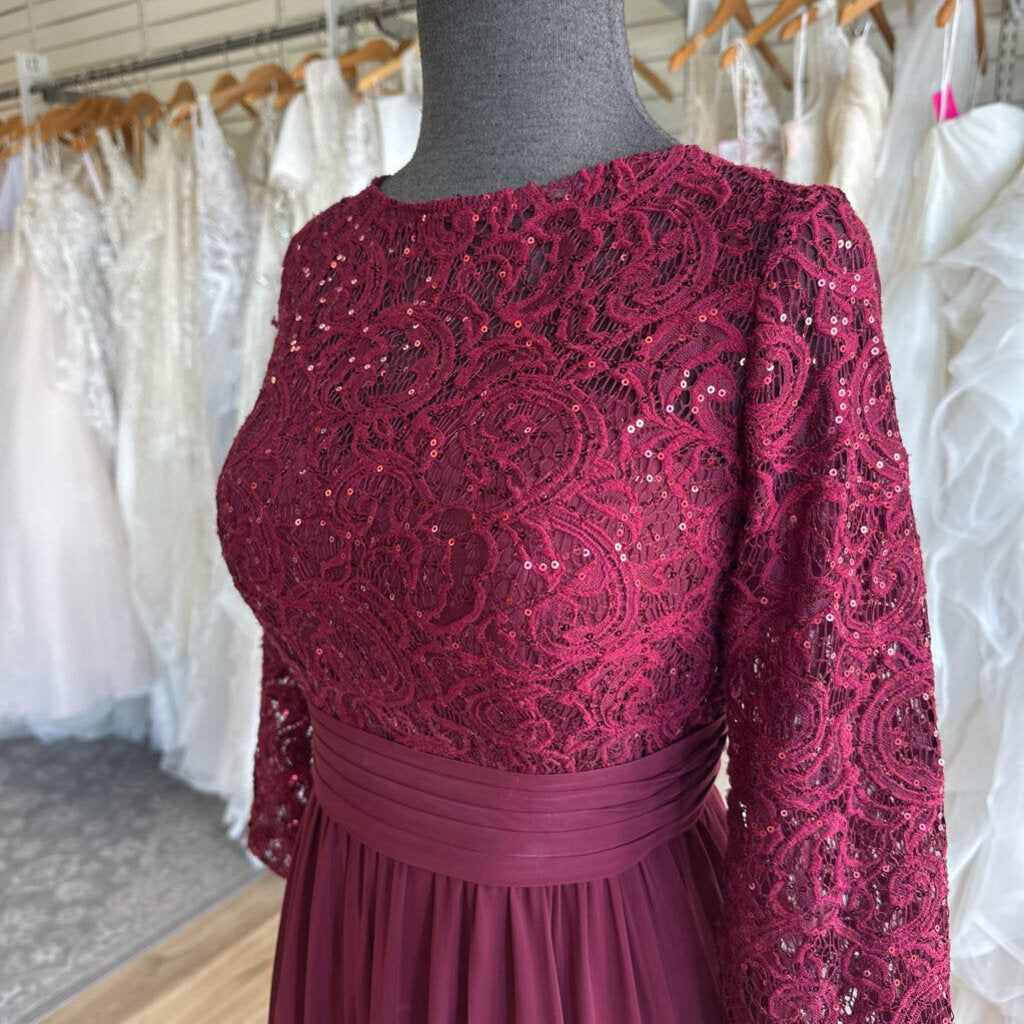 Azazie Burgundy Lace Long Sleeve Top Long Formal Dress 14