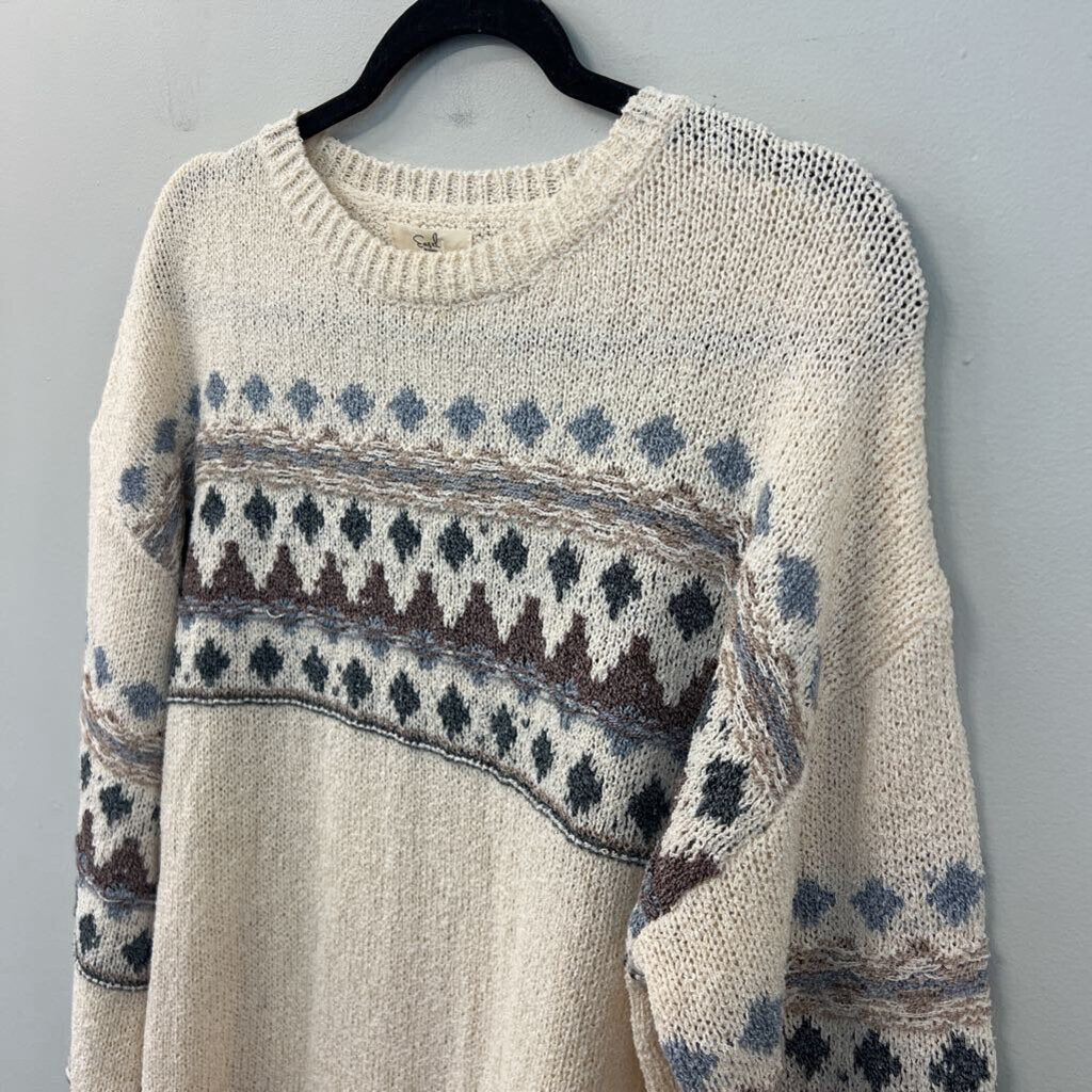 Easel Cream/ Blue Print Knit Long Sleeve Sweater Top Small