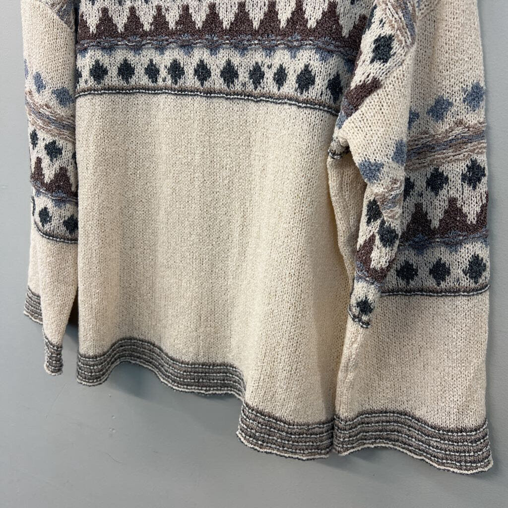 Easel Cream/ Blue Print Knit Long Sleeve Sweater Top Small