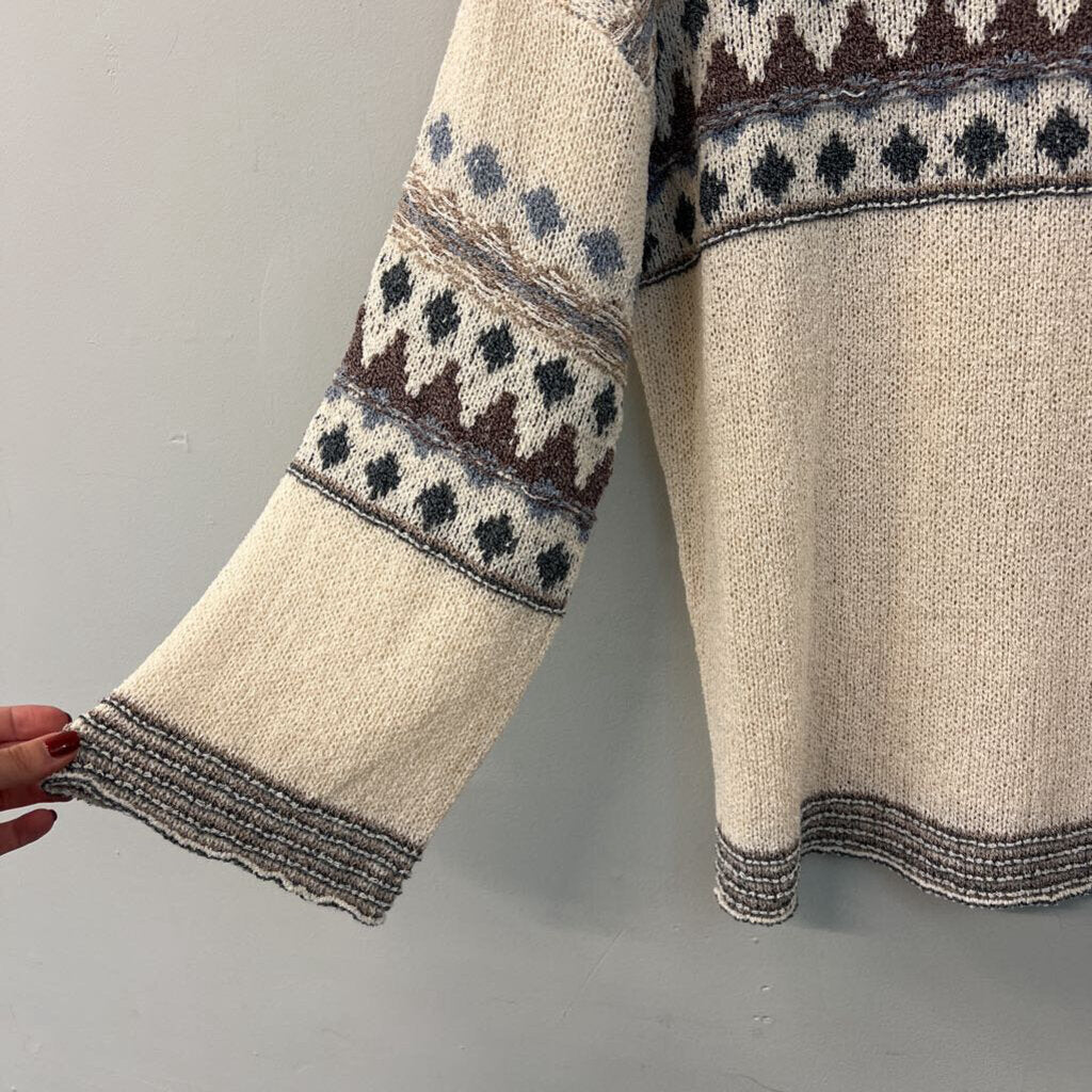 Easel Cream/ Blue Print Knit Long Sleeve Sweater Top Small
