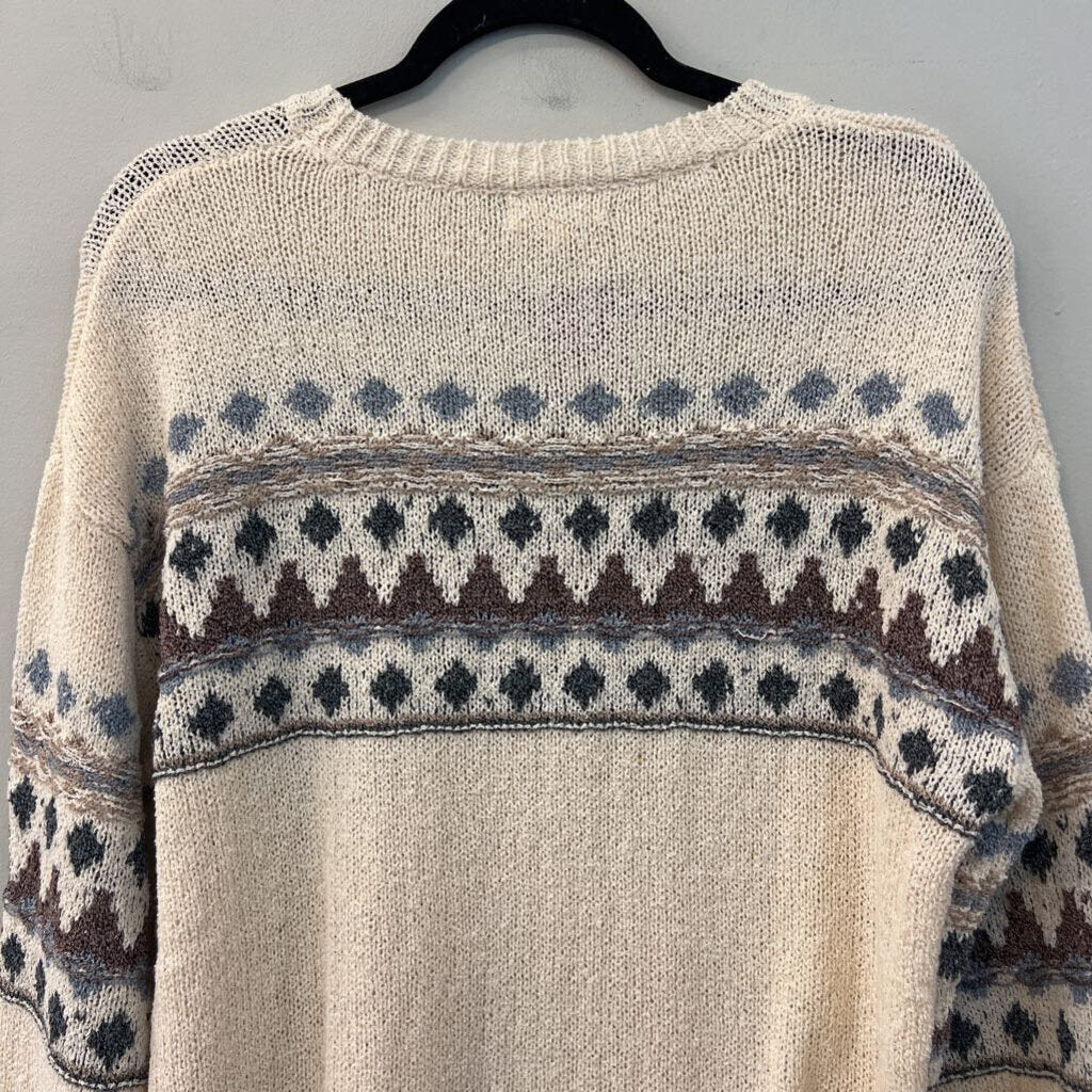 Easel Cream/ Blue Print Knit Long Sleeve Sweater Top Small