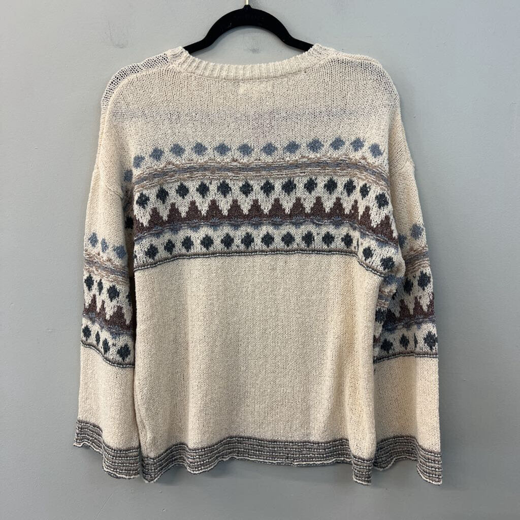 Easel Cream/ Blue Print Knit Long Sleeve Sweater Top Small