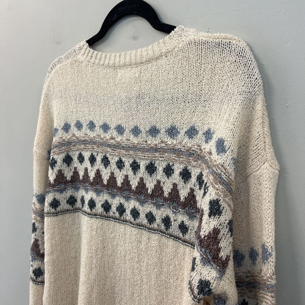 Easel Cream/ Blue Print Knit Long Sleeve Sweater Top Small